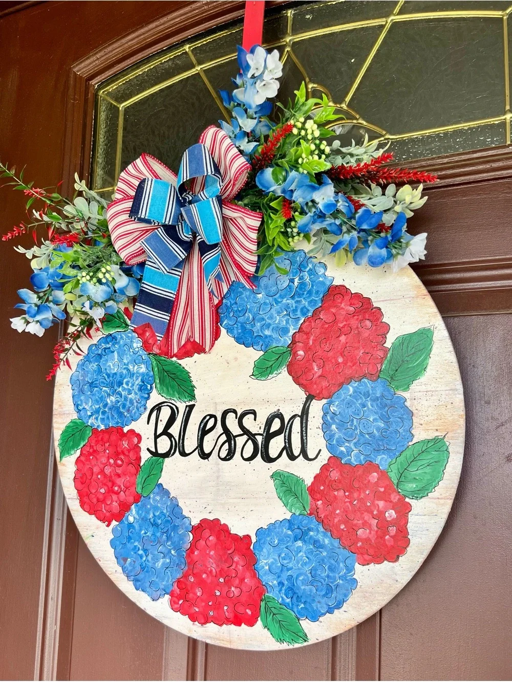 Blessed Floral Wreath Door Sign - Red & Blue